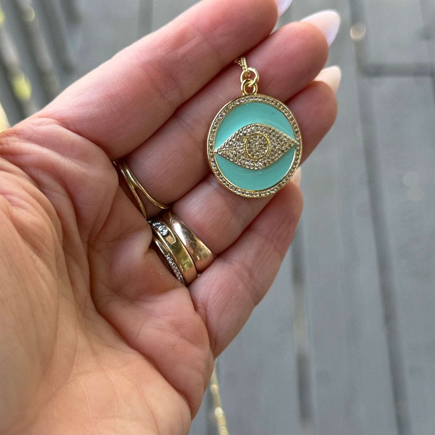 Teal Eye CZ Gold Filled Satellite Eye Necklace