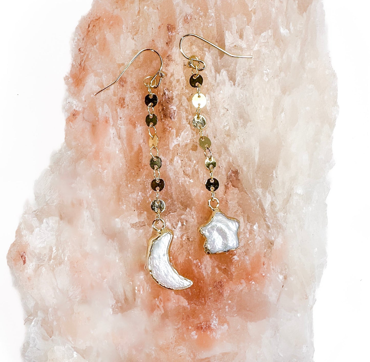 STARSEED Fresh Water Pearl Moon and Star Chain Earrings
