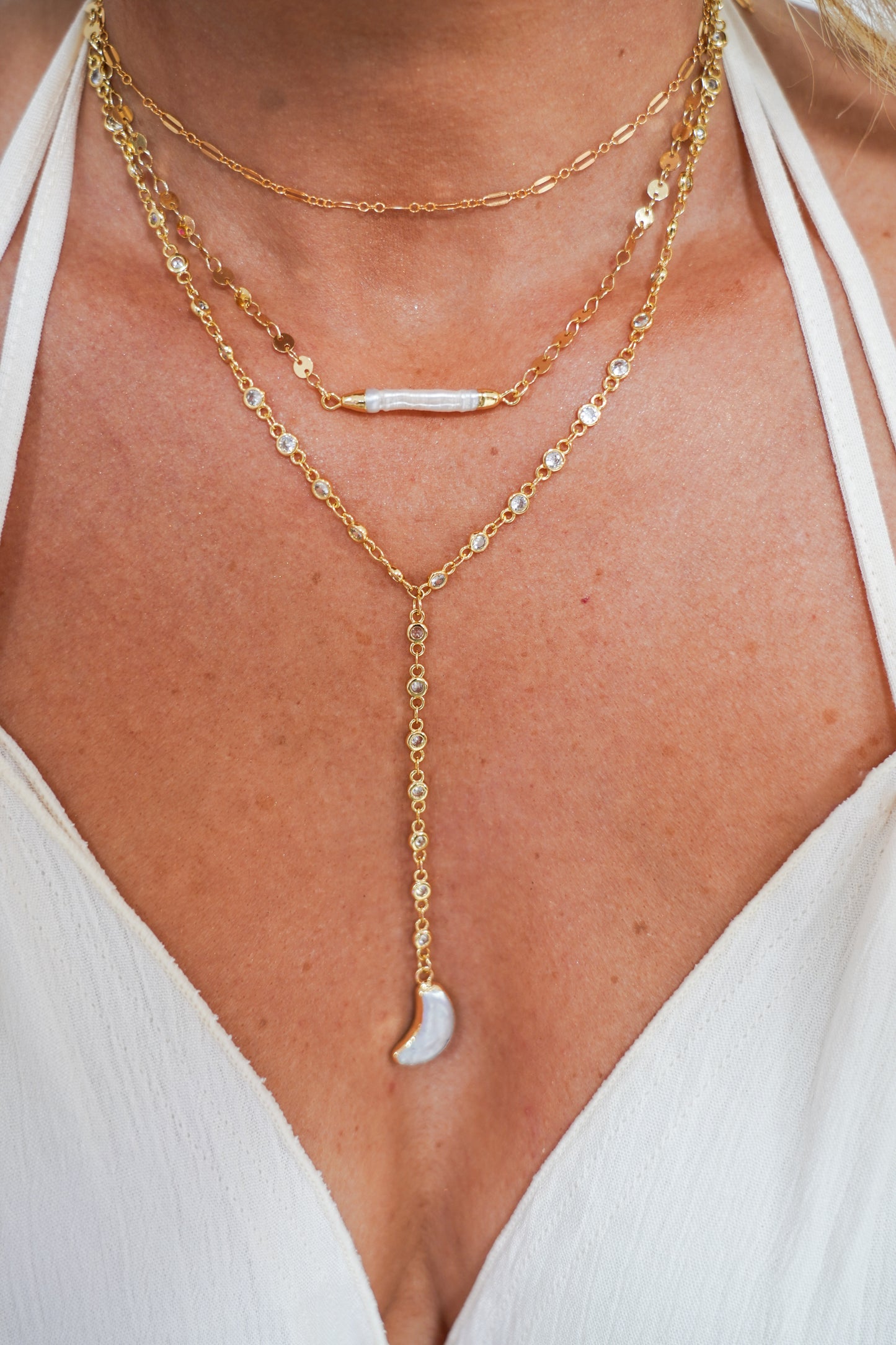 STARRY NIGHT CZ Lariat Pearl Moon Necklace