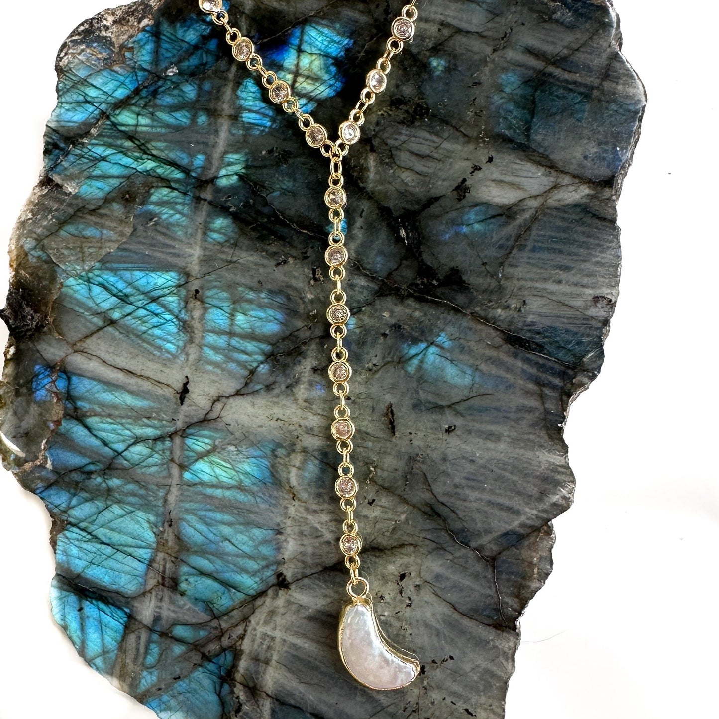 STARRY NIGHT CZ Lariat Pearl Moon Necklace