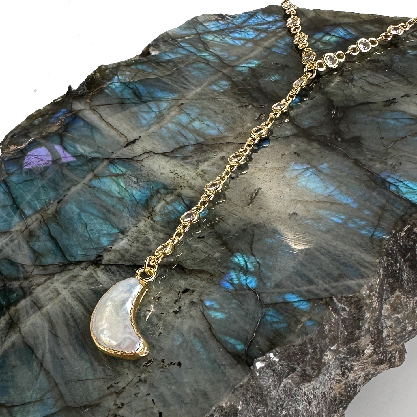 STARRY NIGHT CZ Lariat Pearl Moon Necklace
