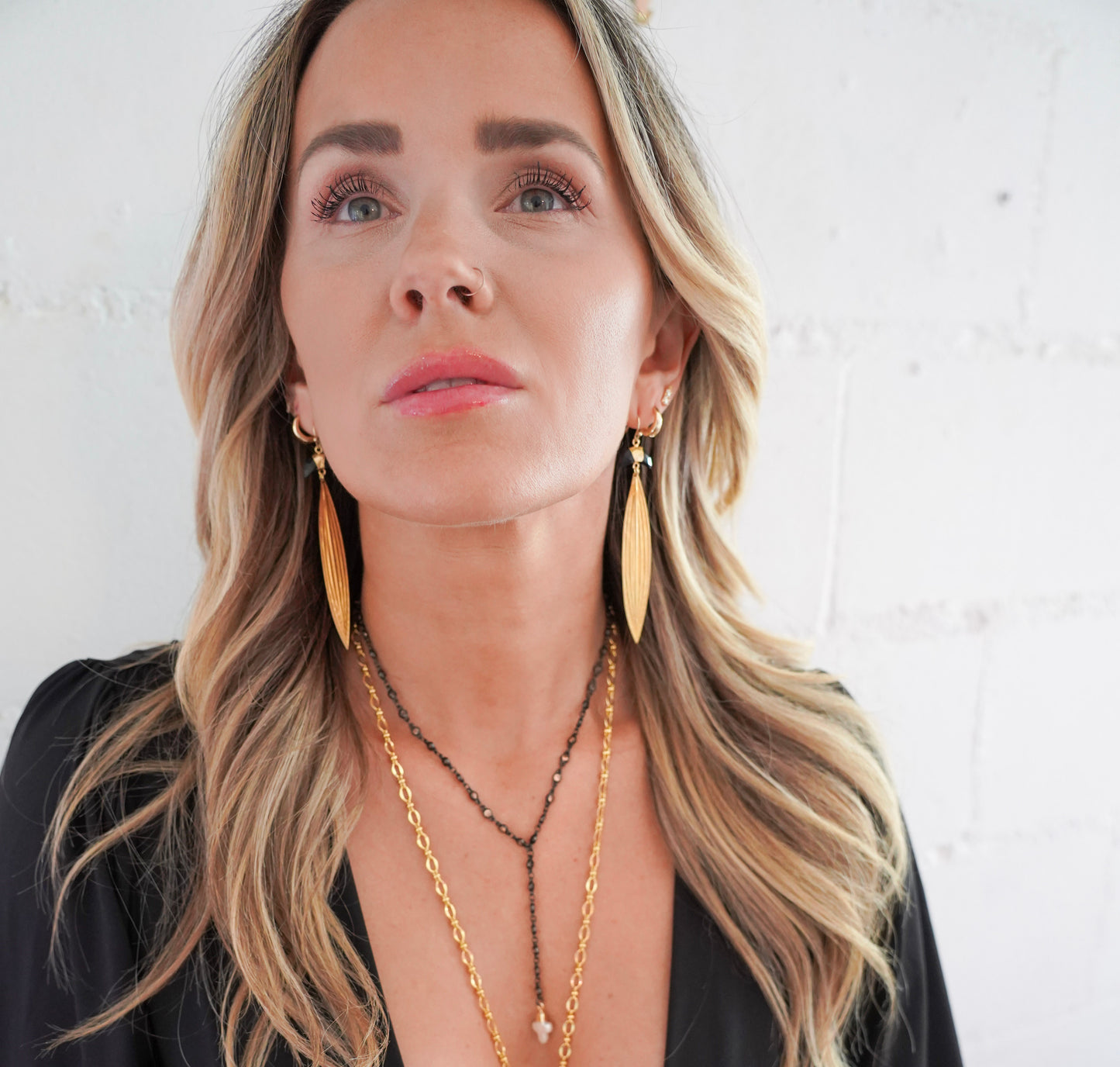 WARRIOR WITHIN Black Onyx Crescent Brass Leaf Dangle Earring