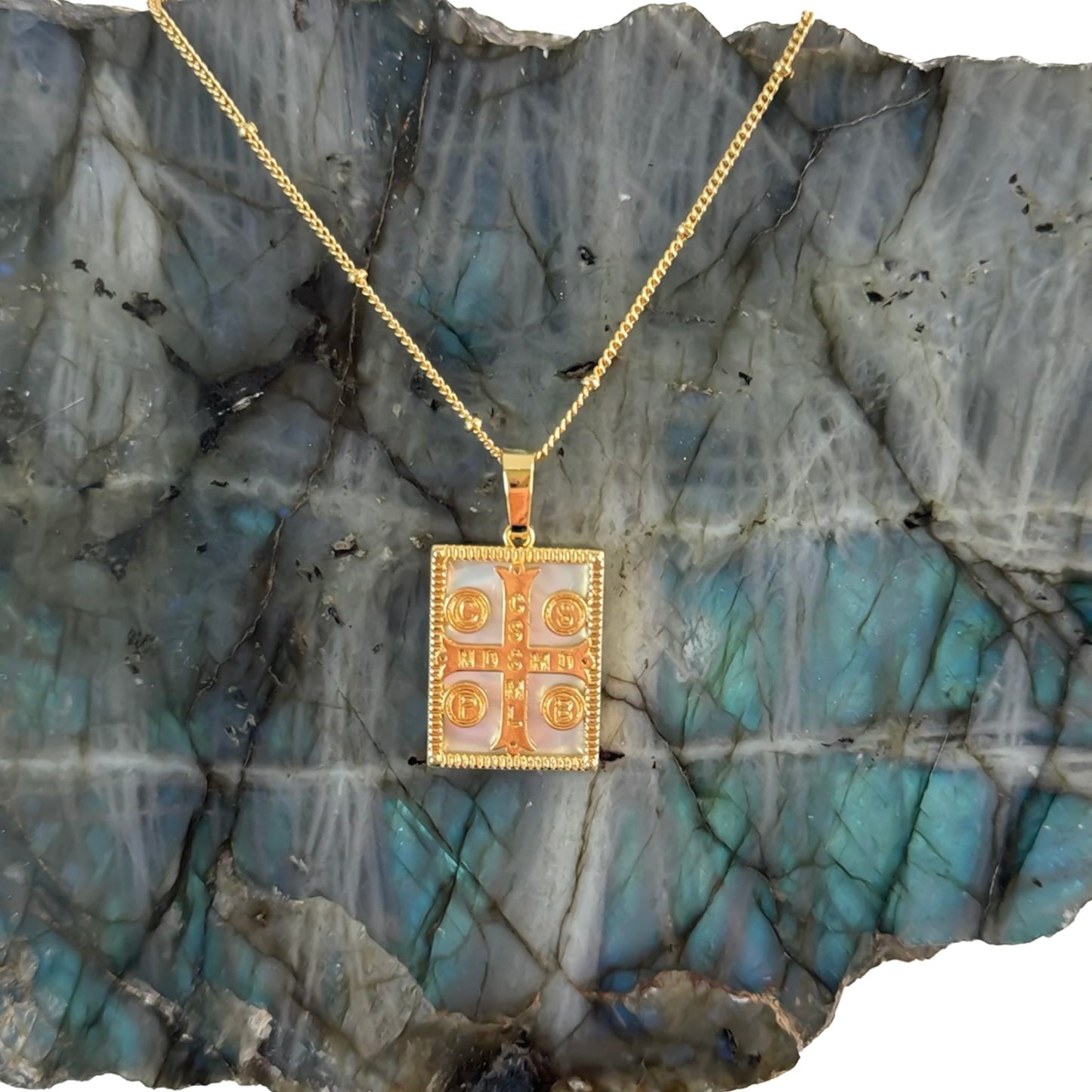 SACRED PRAYER Mother of Pearl Necklace on Satellite Chain