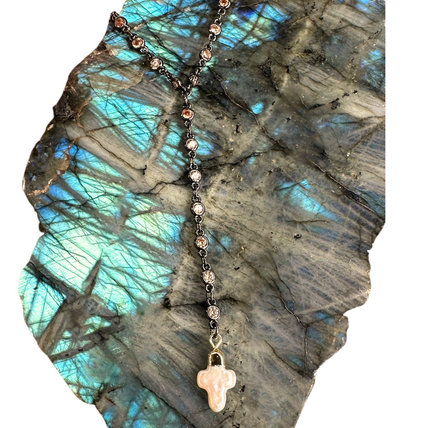 DIVINITY Lariat With Champagne CZ Oxidized Chain Lariat With Fresh Water Pearl Cross