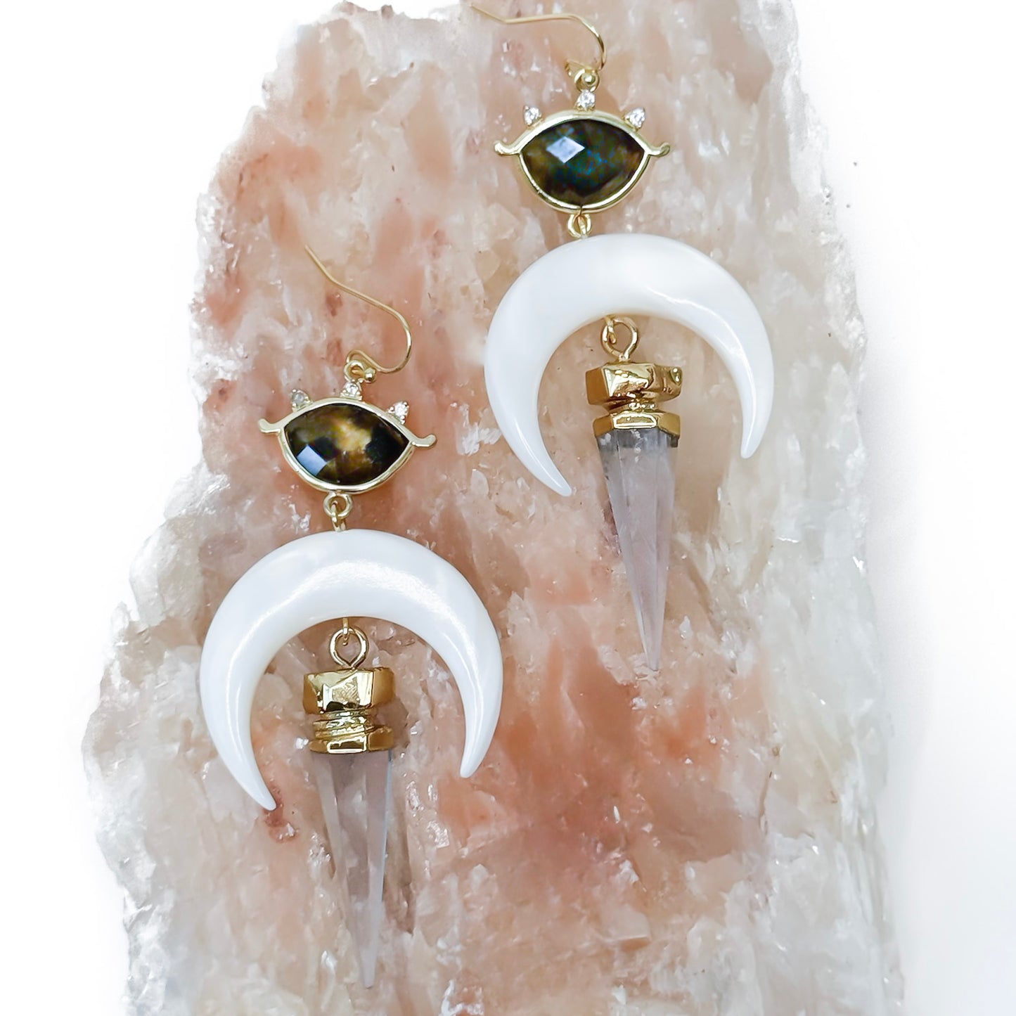 CELESTIAL VISION Labradorite Mother of Pearl Crescent and Quartz Statement Earring