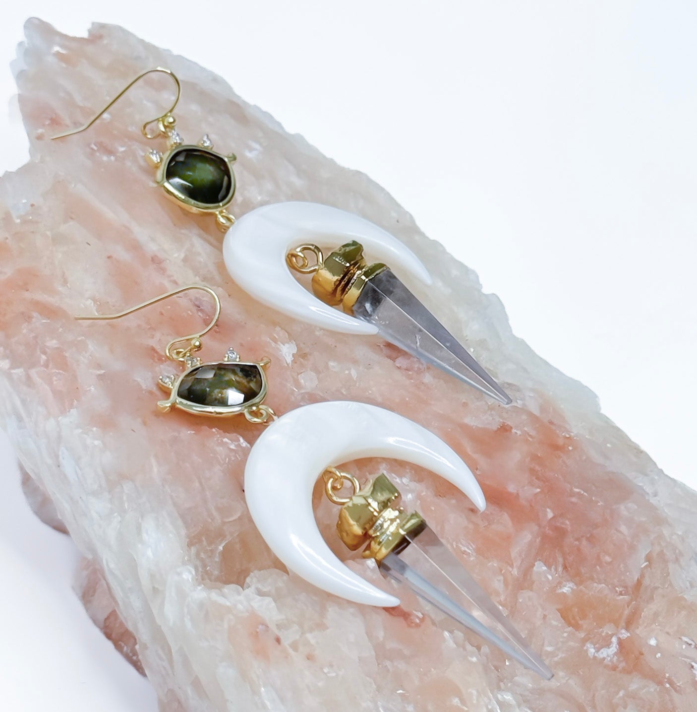 CELESTIAL VISION Labradorite Mother of Pearl Crescent and Quartz Statement Earring