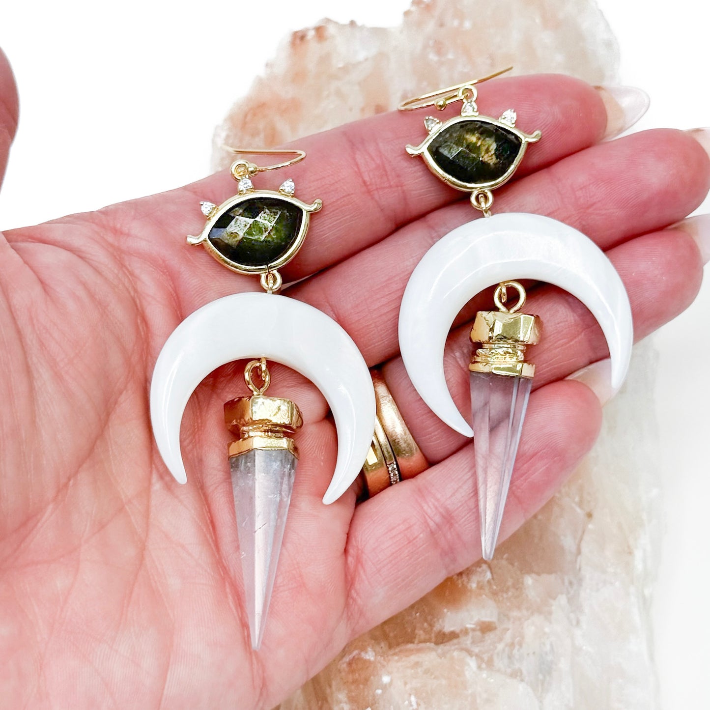 CELESTIAL VISION Labradorite Mother of Pearl Crescent and Quartz Statement Earring
