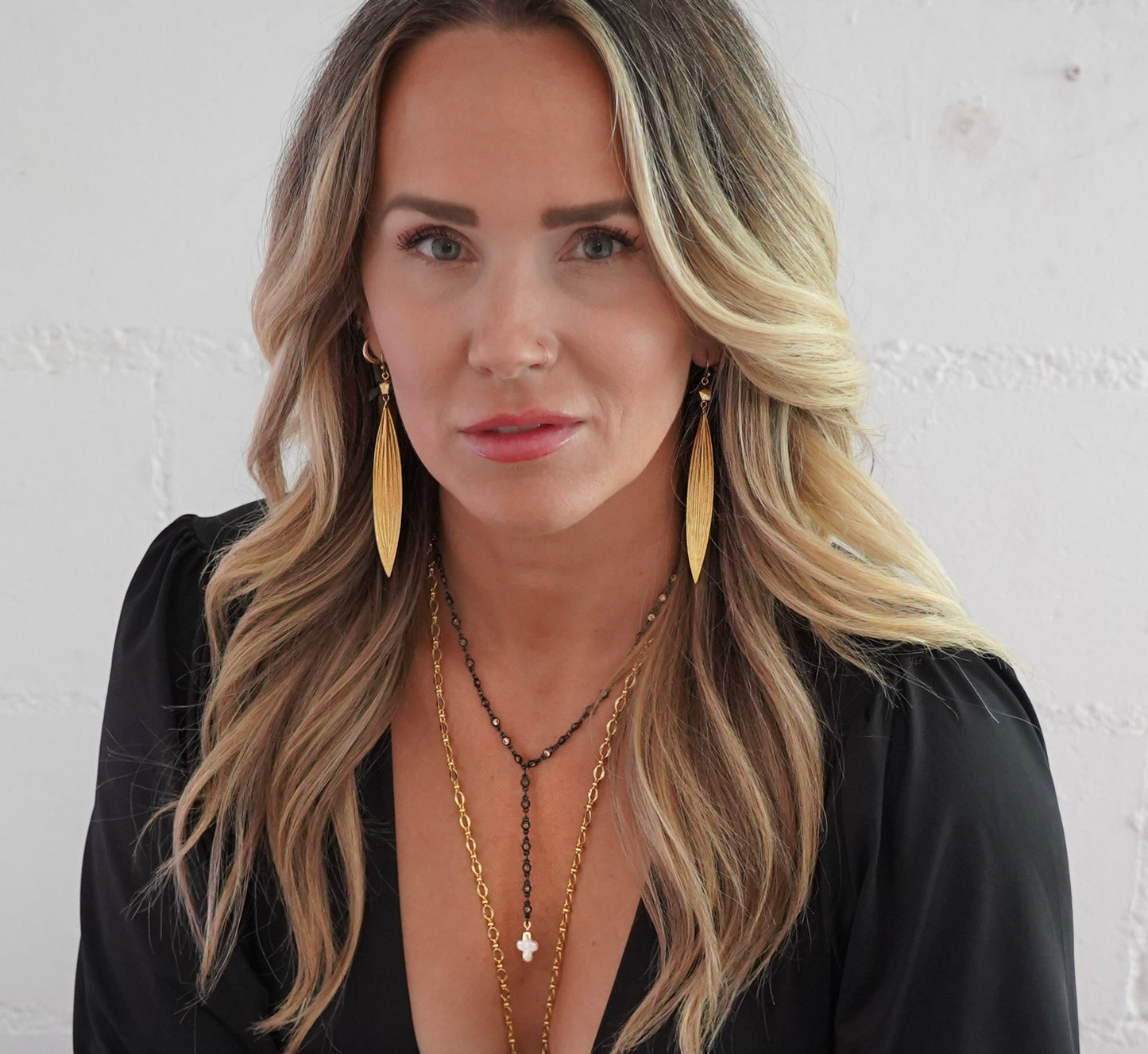 WARRIOR WITHIN Black Onyx Crescent Brass Leaf Dangle Earring