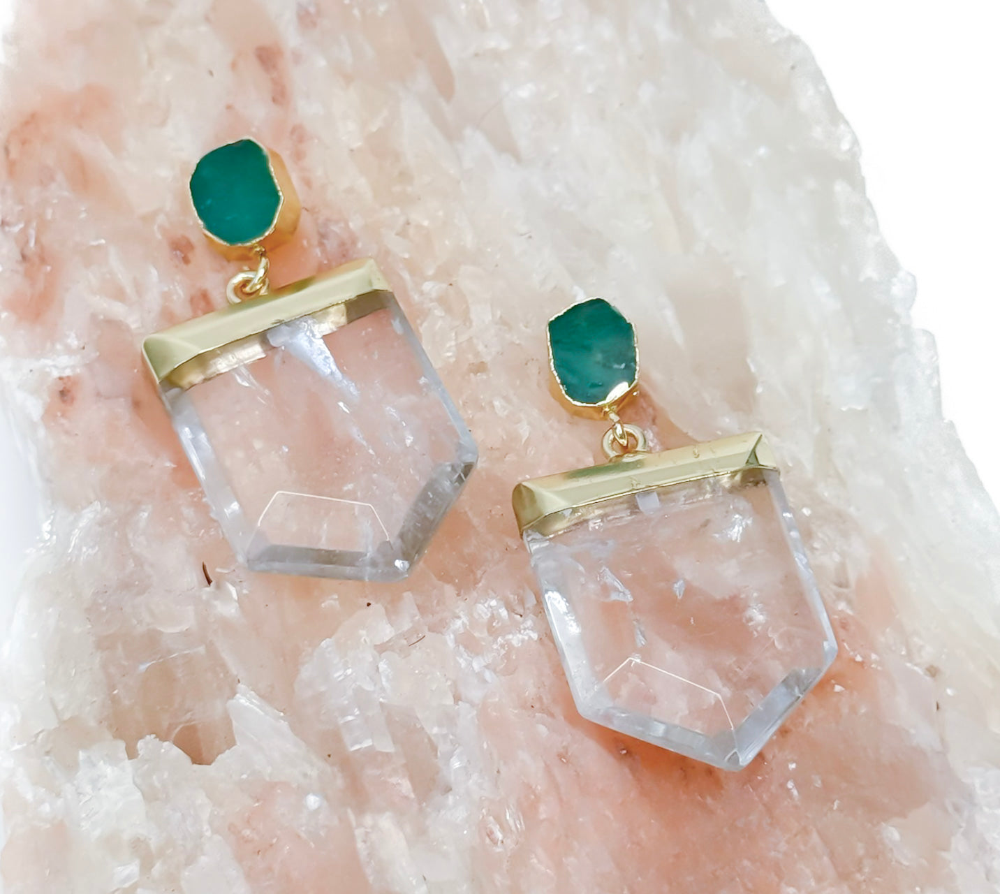 CRYSTALINE Chrysoprase and Quartz Dangle Stud Statement Earrings