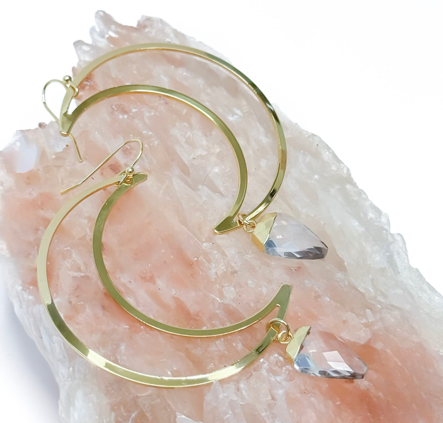 NEW MOON CRESCENT gold plated brass hoop quartz earring