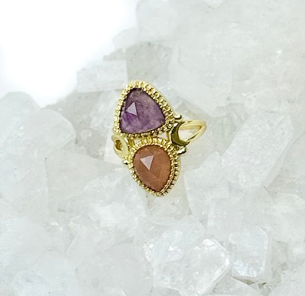 GEMINI Adjustable Ring with Amethyst and Sunstone
