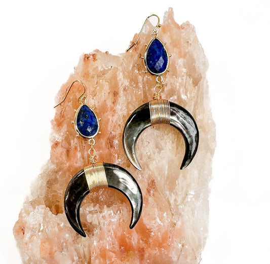 Orion Earrings With Lapis and Black Mother of Pearl Moon