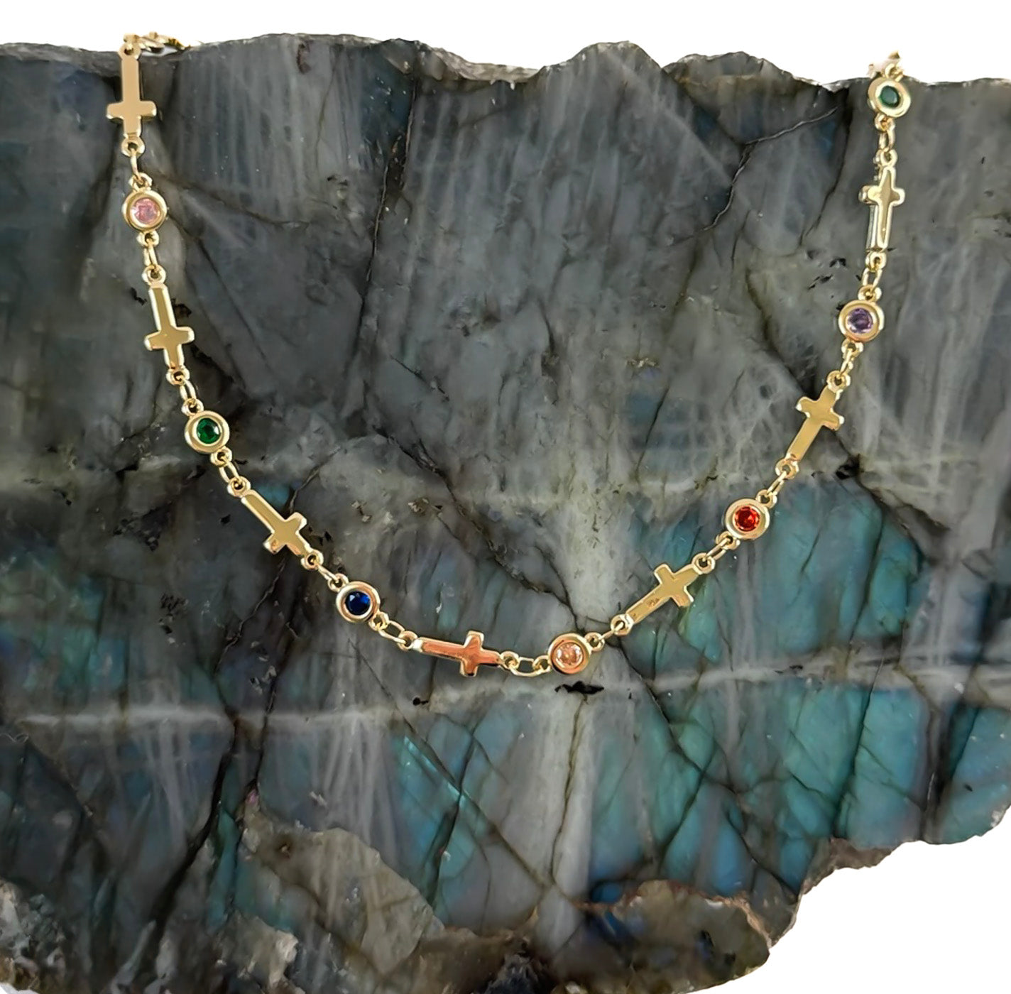Rainbow Radiance Multi Cross Necklace With CZ Colored Stones – The ...