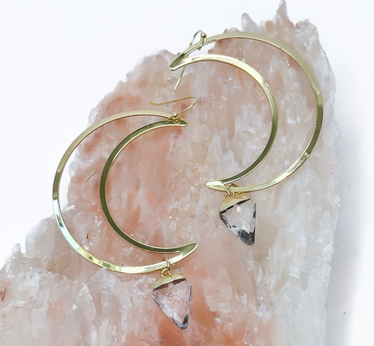 NEW MOON CRESCENT gold plated brass hoop quartz earring